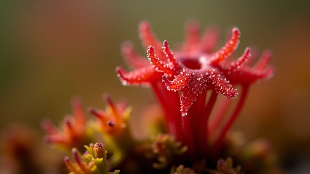 Raudonos šimtlapės (Drosera) augalo detali nuotrauka su lipiomis gaudyklomis
