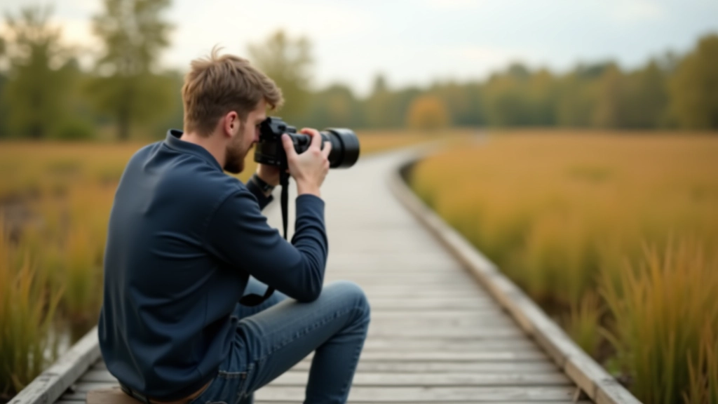 Fotografo su profesionalia kamera ir teleobjektyvu, sėdintis ant lenčių tako, skaitymas durpynų peizažo